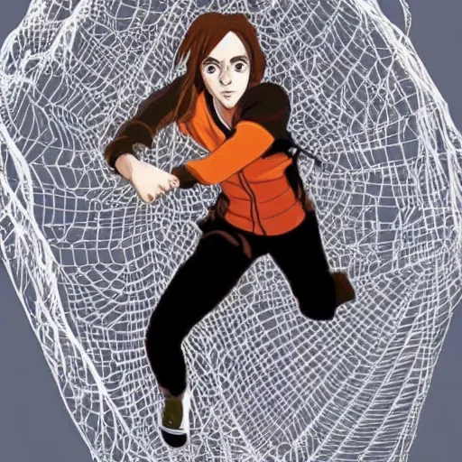 Image similar to emma watson hanging from and trapped in a giant spider web in the style of naruto