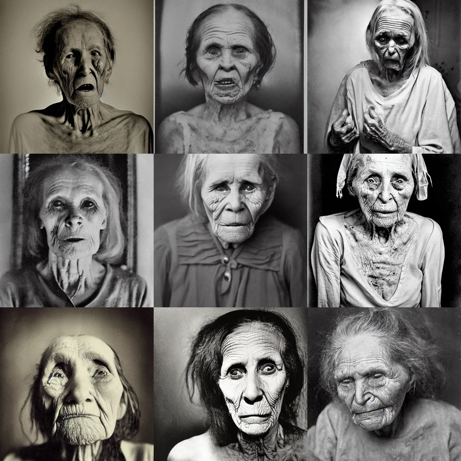 Prompt: portrait of a criminally insane elderly woman possessed by demons, unkempt, wrinkled, gaunt, deep lines and shadows, highly disturbing, sanitarium archive photograph