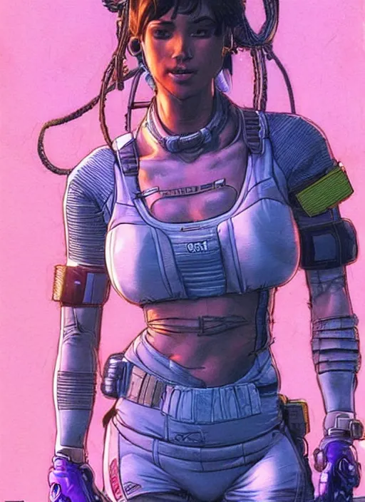 Image similar to apex legends cyberpunk fitness babe. concept art by james gurney and mœbius. gorgeous face.