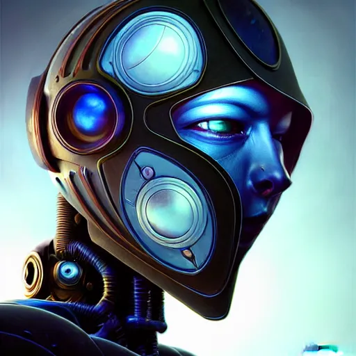 Image similar to low angle portrait shot of a cyberpunk gazmask robot character, intricate, elegant, highly detailed, centered, digital painting, artstation, concept art, smooth, sharp focus, illustration, artgerm, Tomasz Alen Kopera, Peter Mohrbacher, donato giancola, Joseph Christian Leyendecker, WLOP, Boris Vallejo