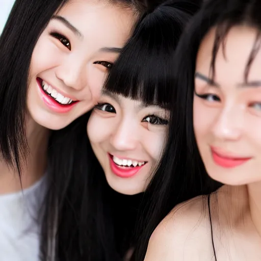 Image similar to close up studio shot of a group of beautiful young mixed Chinese Japanese women, long black hair, green eyes, laughing, photorealistic,8k, XF IQ4, 150MP, 50mm, F1.4, ISO 200, 1/160s, natural light