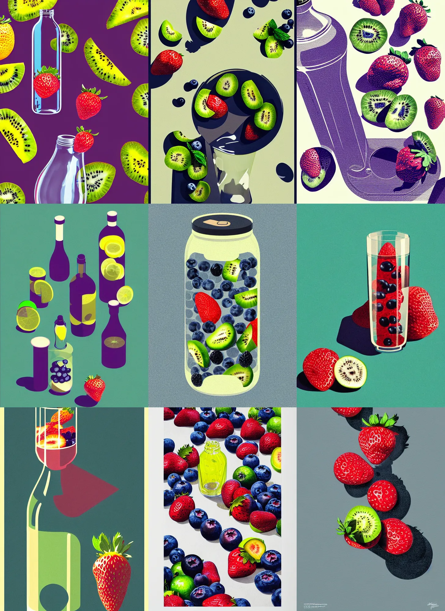 Prompt: ( ( dither ) ), editorial illustration strawberries blueberries sliced kiwi sliced lemon inside a clear drinking bottle, isometric, modern art deco, ( ( mads berg ) ), detailed, dynamic composition, wide angle, matte print, strong grain, art nouveau, karolis strautniekas, ilya kuvshinov, strong shadow, stippled light