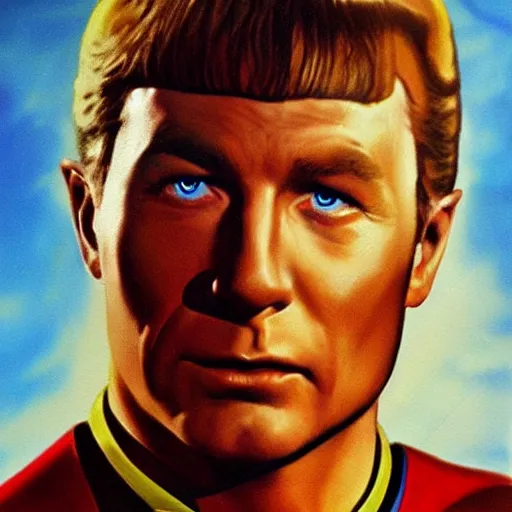 Image similar to captain kirk from star trek the original series. realistic concept art painting,