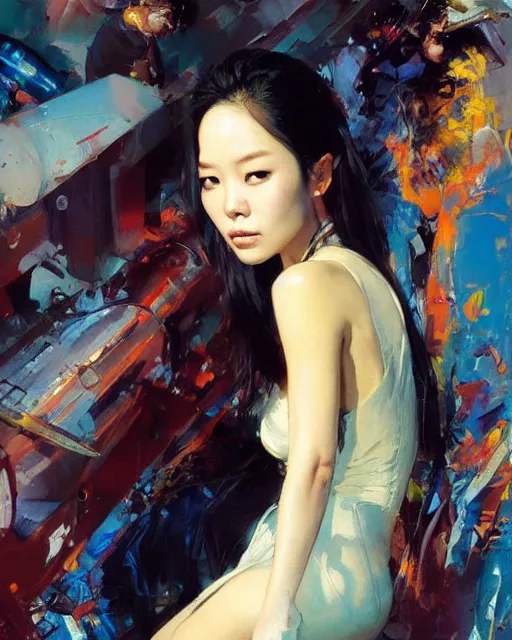 Image similar to Lee Jin-Eun by John Berkey and Gerald Brom, rule of thirds, seductive look, beautiful, in intergalactic hq, ethereal, Refined, masterpiece