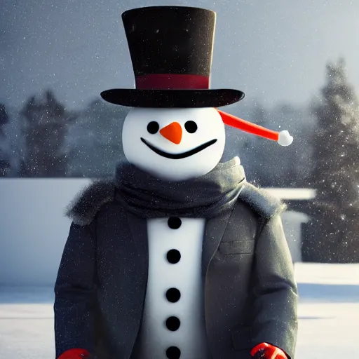 Image similar to a highly detailed humanoid snowman in business suit with black eyes and mouth, no nose, hyperrealism, professional, octane render, full length, digital art