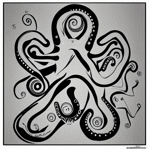 Prompt: simple geometric shapes of fishes turning into octopuses, M.c. Escher, black and white, 4k