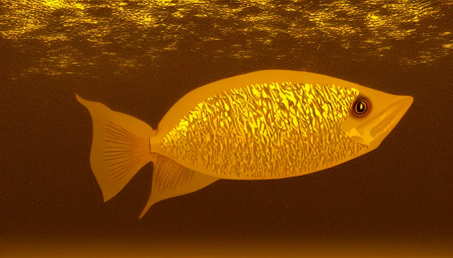 Prompt: a desolate golden glowing fish! swims in magical water with caustics and volumetric lighting, photorealistic painting