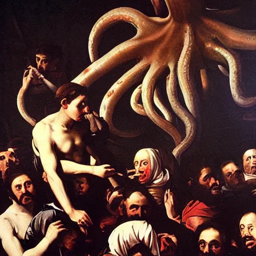 Prompt: painting of a giant octopus in an italian square crowded with frightened people in 1800s, Caravaggio