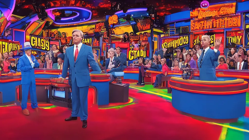 Prompt: A Jeopardy-style retro game show hosted by Satan in a colorful suit, being recorded before a studio audience in the middle of Hell, oil on canvas, painting, 4k, wide shot
