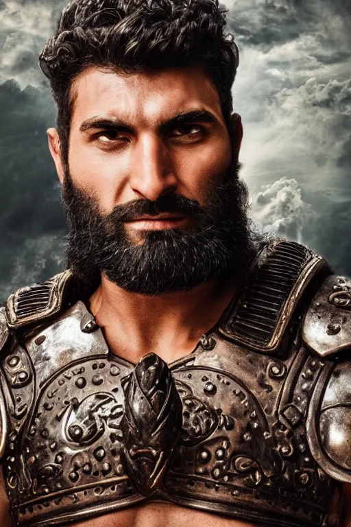 Image similar to portrait of a herculean jewish warrior. smooth iron and bronze armour. rugged young man, very beautiful. big muscles, cinematic lighting, highly detailed, full body shot. beard. bollywood action movie poster