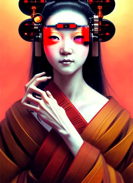 Image similar to beautiful japanese geisha wearing vr eyepiece, robotic, android, cyborg, cyberpunk face, steampunk, fantasy, intricate, elegant, highly detailed, colorful, vivid color, digital painting, cinematic lighting, artstation, concept art, art by artgerm and greg rutkowski and ruan jia,