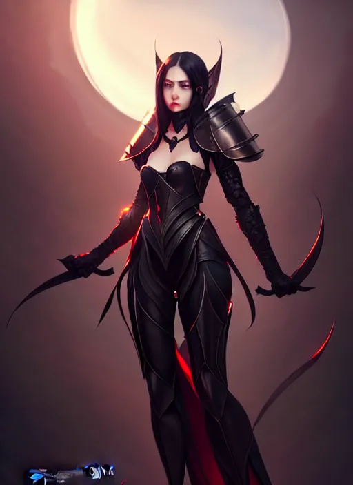 Image similar to full plate armor!!! beautiful and elegant dark hair female vampire!! gorgeous ayes!! character concept art, sharp focus, octane render! unreal engine 5! highly rendered!! trending on artstation!! detailed linework!! illustration by artgerm, wlop, and chie yoshii