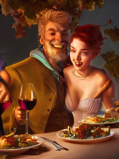 Prompt: a happy couple in a party with friends under the grapevine. celebration excitement intricate, elegant, highly detailed, digital painting, artstation, concept art, sharp focus, illustration, by justin gerard and artgerm, 8 k