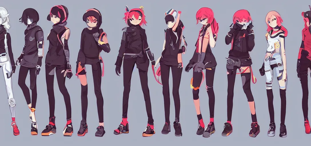 Prompt: character sheet concept art of female video game characters inspired by flcl, unique silhouettes, cute casual streetwear, by marc brunet and artgerm