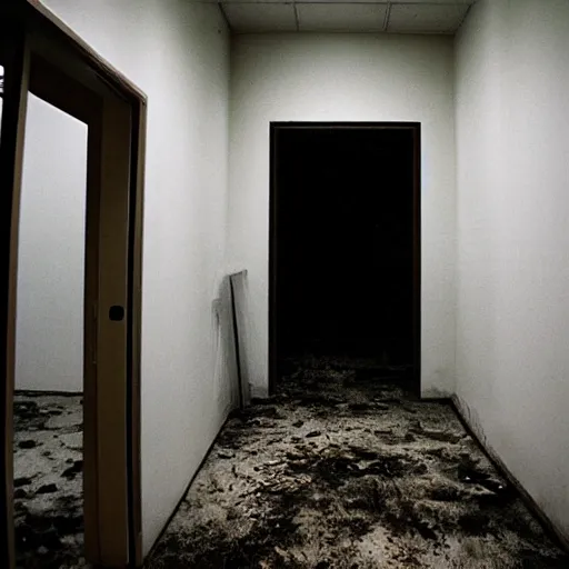 Image similar to backrooms office space, ominous lighting, moldy walls, samara from the ring wading in shallow water