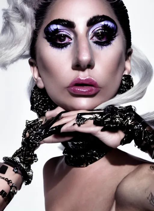 Prompt: lady gaga styled by nick knight posing, high fashion themed, archive pieces, beautiful face, vogue magazine, highly realistic. high resolution. highly detailed. dramatic. 8 k. 4 k.