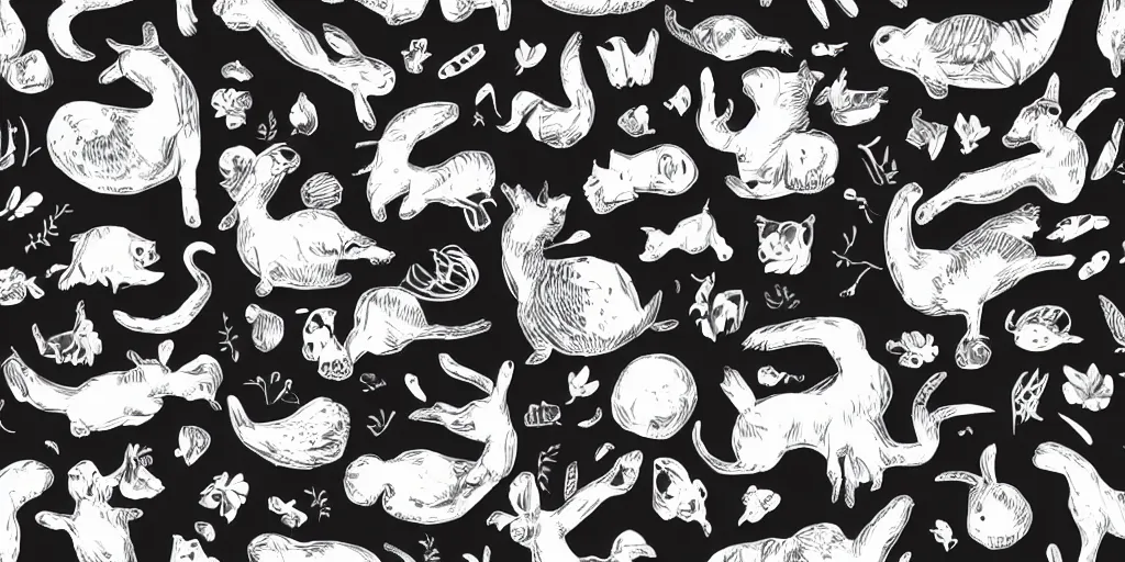 Image similar to cute animals and plants on a black background, wallpaper, Illustration, Anatomical Drawing, Painting