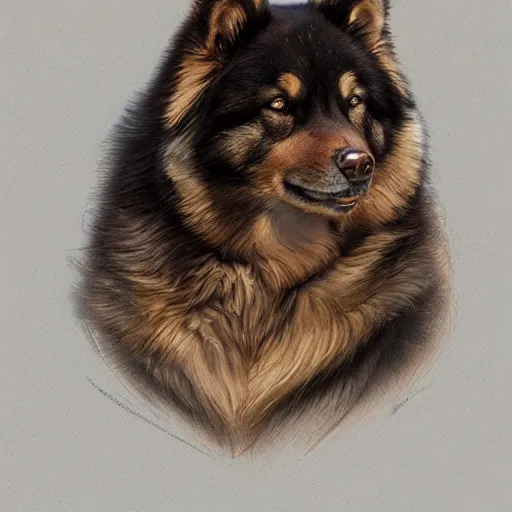 Prompt: a brown and tan domino finnish lapphund intricate, elegant, highly detailed, digital painting, artstation, concept art, matte, sharp focus, illustration, art by Artgerm and Greg Rutkowski and Alphonse Mucha