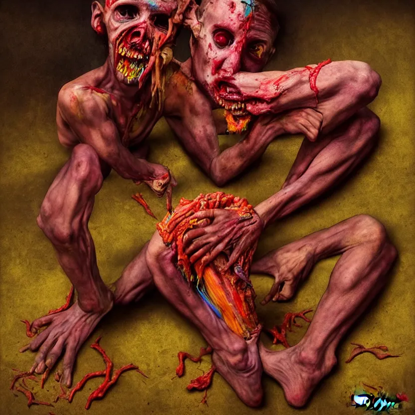 Image similar to a very colorful and beautiful ( flesh - eating ) tsikalawa, eating the leg of a terrified man, by alexandro judorowski and basia tran, fear, morbid, nightmare, supernatural, 8 k, digital art, highly detailed, chiaroscuro, creepy, terrifying