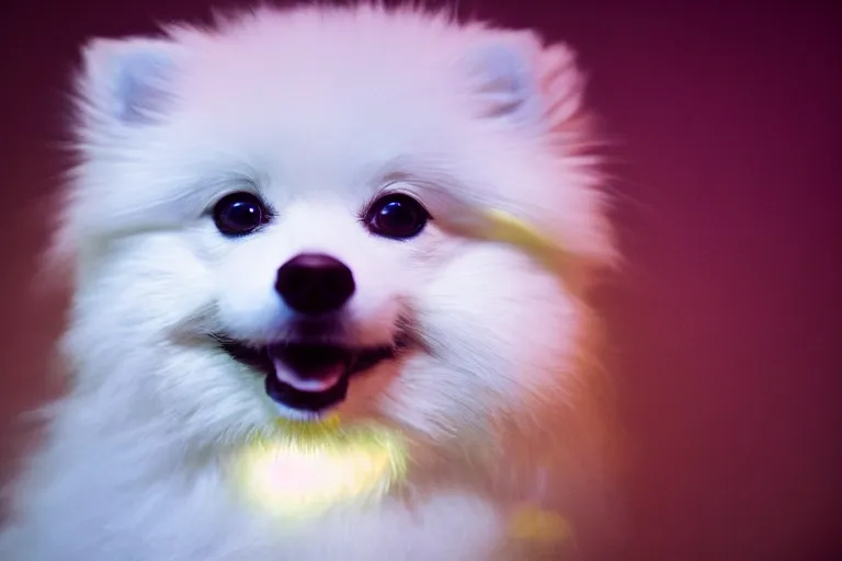 Image similar to cinematography closeup portrait of a small white fluffy pomeranian, neon lighting, night, by Emmanuel Lubezki