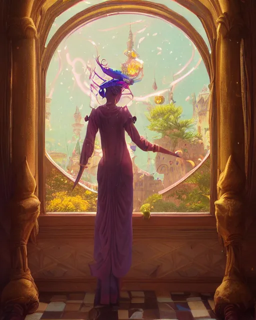 Image similar to highly detailed surreal vfx portrait of a female candypunk mage in a majestic castle by golden tree, stephen bliss, unreal engine, greg rutkowski, loish, rhads, beeple, makoto shinkai and lois van baarle, ilya kuvshinov, rossdraws, tom bagshaw, alphonse mucha, global illumination, detailed and intricate environment