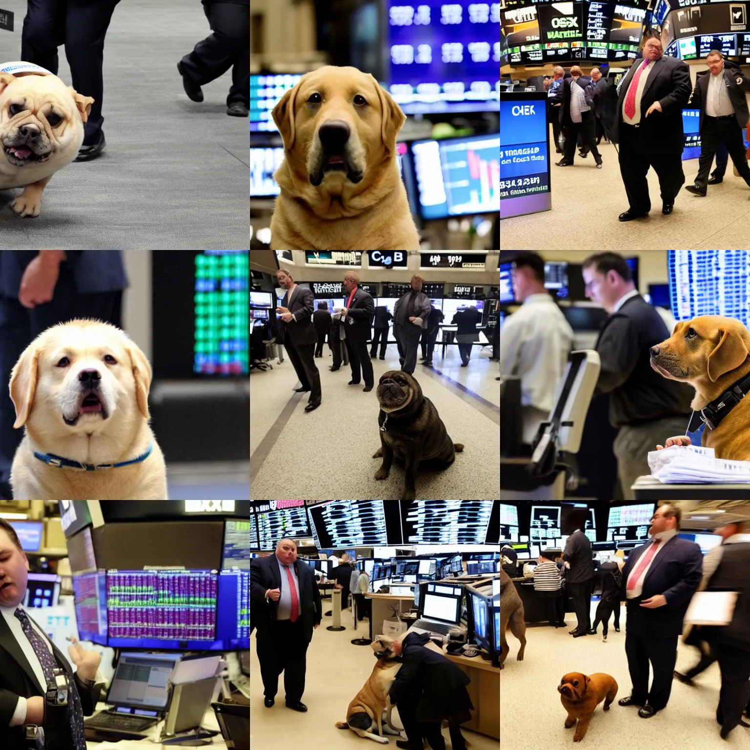 Prompt: extremely fat dog commits securities fraud in plain sight at the Wall Street exchange trading floor