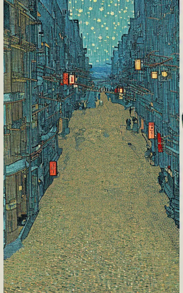 Image similar to rainy streets of kyoto, fibonacci sequence. japanese embroidery. retro minimalist art by jean giraud and van gogh.