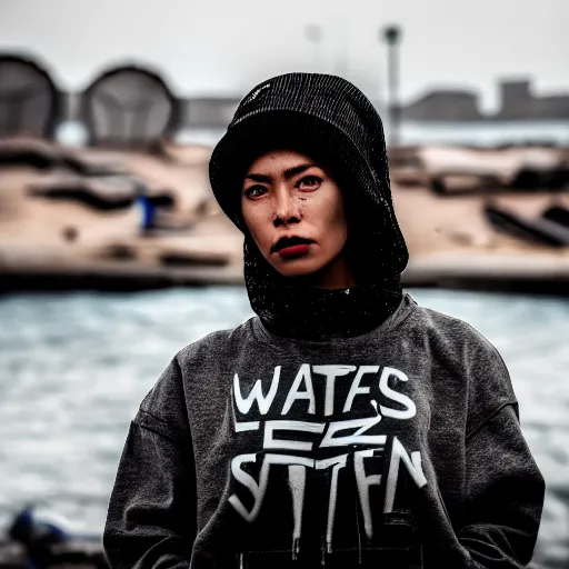 Image similar to photographic portrait of a streetwear woman with watery eyes, a futuristic shanty town burns in the background, closeup, distress, tattoos, sigma 85mm f/1.4, 4k, depth of field, high resolution, 4k, 8k, hd, full color