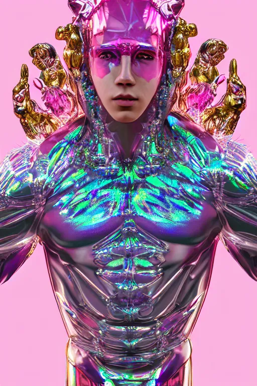 Prompt: hyper detailed ultra sharp fullbody photo of baroque and cyberpunk transparent pink gem sculpture of a muscular seductive muscular nick jonas feeling muy cachondo, muy dotado, iridescent humanoid deity wearing pink plastic seethrough cloak, holding a rainbow tiger gem, blue diamond, glowing pink face, crown of white diamonds, cinematic lighting, photorealistic, octane render 8 k
