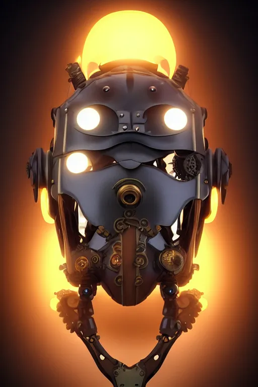 Image similar to steampunk mask minimalist fantasy art robot ninja helmet, global illumination ray tracing hdr fanart arstation by sung choi and eric pfeiffer and gabriel garza and casper konefal radiating a glowing aura