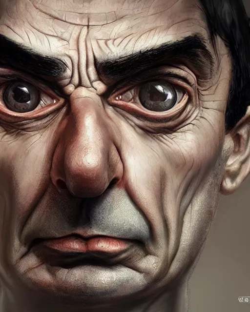 Image similar to mr. bean, hyper realistic face, beautiful eyes, fantasy art, in the style of greg rutkowski, intricate, hyper detailed, smooth