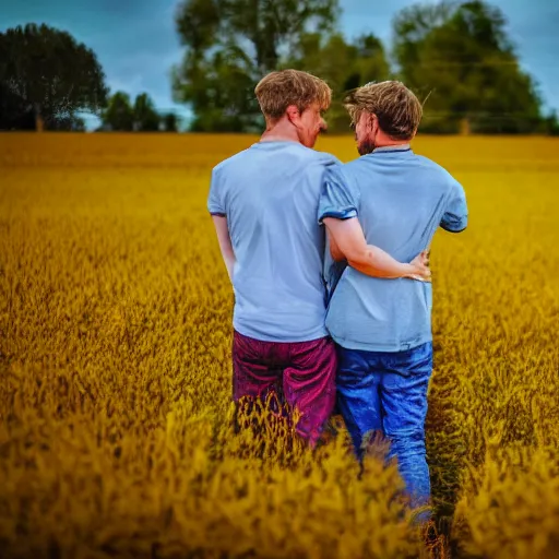 Image similar to A person meeting another person above a van Gogh style field while both person are surrounded by a colourfull wind around their chests, dream, 40nm lens, shallow depth of field, split lighting, 4k,