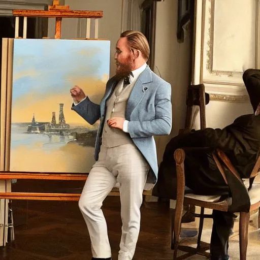 Image similar to mcgregor is dressed as a gentleman at early 2 0 th century paris. he is watching an easel. that easel has a canvas on it. ewan mcgregor has a brush on his hand. he is painting a painting. we can see his back. no background.