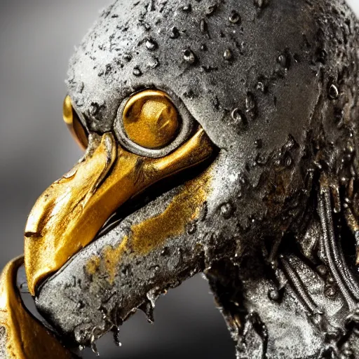 Image similar to photo taken of an epic intricate, ultra detailed, super realistic gritty, wet, lifelike sculpture of a ghoulish cyborg penguin created by weta workshop, zoomed in shots, sublime subsurface scattering, photorealistic, sharp focus, white wall coloured workshop, desaturated, cold colour temperture, f 0. 4, face centred, golden ratio, golden hour