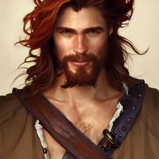 Prompt: portrait of a young ruggedly handsome but joyful pirate, male, masculine, upper body, red hair, long hair, d & d, fantasy, perfect teeth, intricate, elegant, highly detailed, digital painting, artstation, concept art, matte, sharp focus, illustration, art by artgerm and greg rutkowski and alphonse mucha