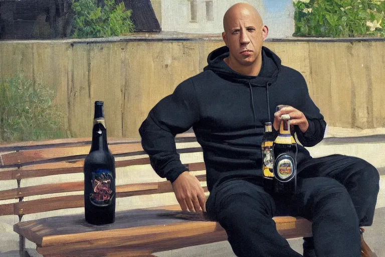 Prompt: vin diesel in black adidas tracksuit sits on a bench with a bottle of beer in the courtyard of a provincial russian town, oil on canvas, naturalism