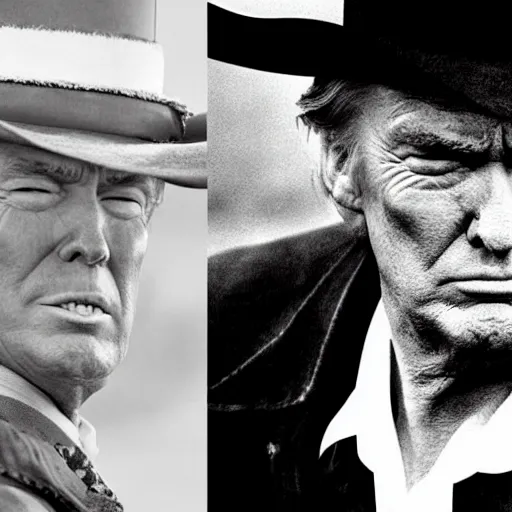 Image similar to donald trump as clint eastwood squinting at high noon in the style of a clint eastwood movie, the good, the bad and the ugly, clint eastwood, steven seagal, bud spencer, donald trump, glory days, american flag, patriotism, apple pie