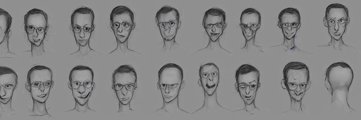 Prompt: character face study of skinny snorexic todd solondz, 2 2 yo, clear faces, emotional, character sheet, fine details, concept design, contrast, kim jung gi, pixar and da vinci, trending on artstation, 8 k, full body and head, turnaround, front view, back view, ultra wide angle