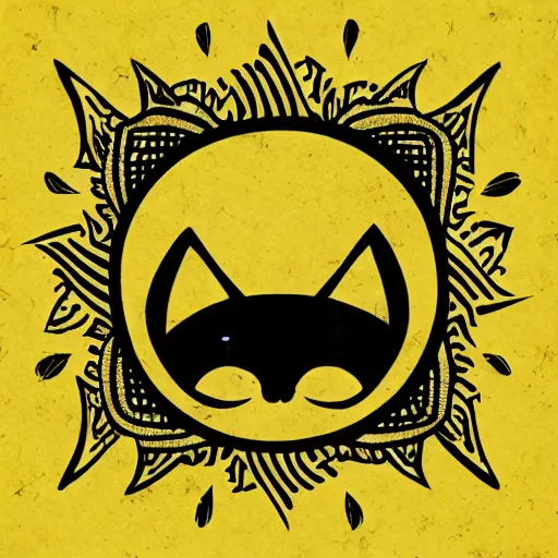 Image similar to tattoo sketch of a cat hugging the sun, on a yellow paper, maori ornament, polinesian style, minimalism, vector