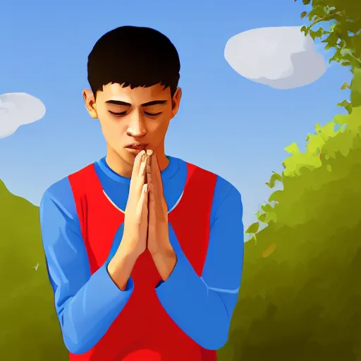 Image similar to a male teenager praying for a divine smartphone in front of him, digital art