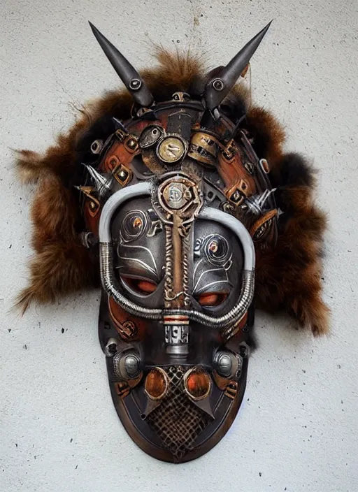 Prompt: traditional viking steampunk tribal dj mask. a matte symmetrical portrait. award winning found object at the tate modern art gallery. style of rhads and anato finnstark