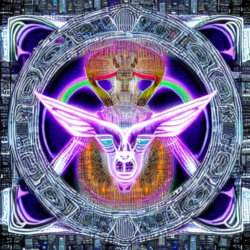 Image similar to biomechanical baphomet sigil merged with mainframe circuitry, multicolored digital art