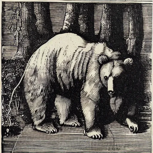 Image similar to brown bear by albrecht durer. woodcut.