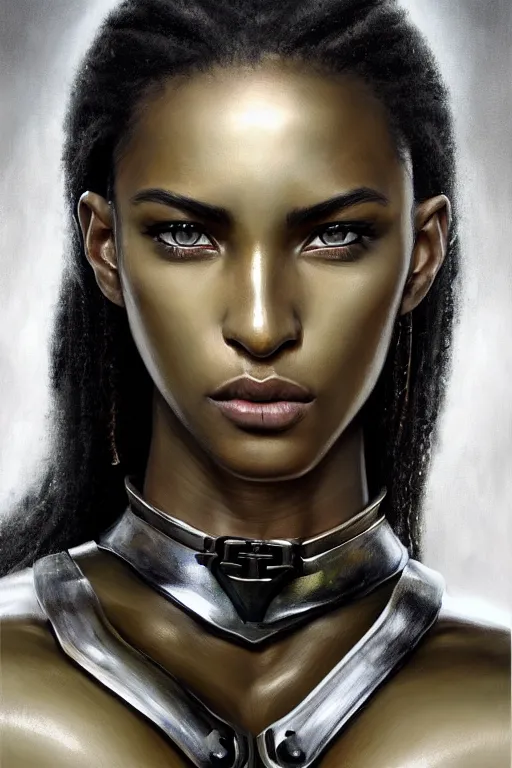 Image similar to a photorealistic painted portrait of an attractive young black girl, partially clothed in metal-plated battle armor, olive skin, long dark hair, flawless skin, beautiful bone structure, perfectly symmetric facial features, perfect photorealistic eyes, natural physique, intricate, elegant, digital painting, concept art, finely detailed, beautifully illustrated, sharp focus, minimal artifacts, from Metal Gear, by Ruan Jia and Mandy Jurgens and Artgerm and William-Adolphe Bouguerea, in the style of Greg Rutkowski, trending on Artstation, award winning art