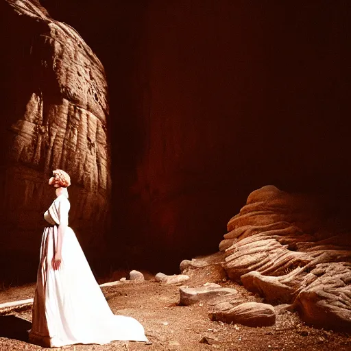 Image similar to photo, a woman in a giant flowing white dress standing in front of the projection of a vintage cowboy movie, standing inside a dark western rocky scenic landscape, volumetric lighting