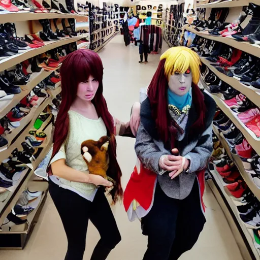 Image similar to a photograph of people badly cosplaying as animals, they have a disappointed look on their face, they are in a shoe store with long store isles, 50mm