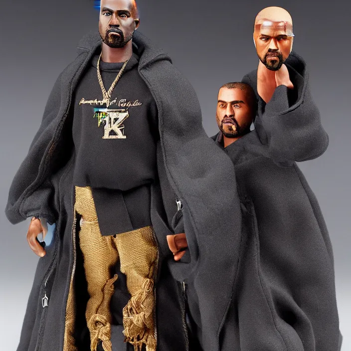 Prompt: a hot toys figure of kanye west using a black religious - themed face - covering mask with jesus graphics designed by pierre - louis auvray made of cloth, a black shirt, a blue puff undersized round jacket and black rubber boots, figurine, detailed product photo