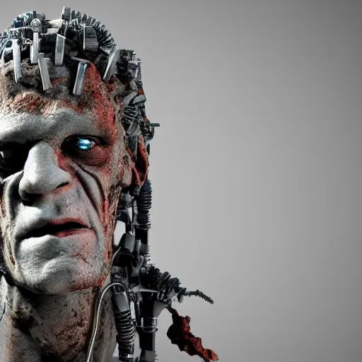 Image similar to a frankenstein monster made out of mechanical parts, 8 k, shallow depth of field, 8 k, ultra high detail, concept art,