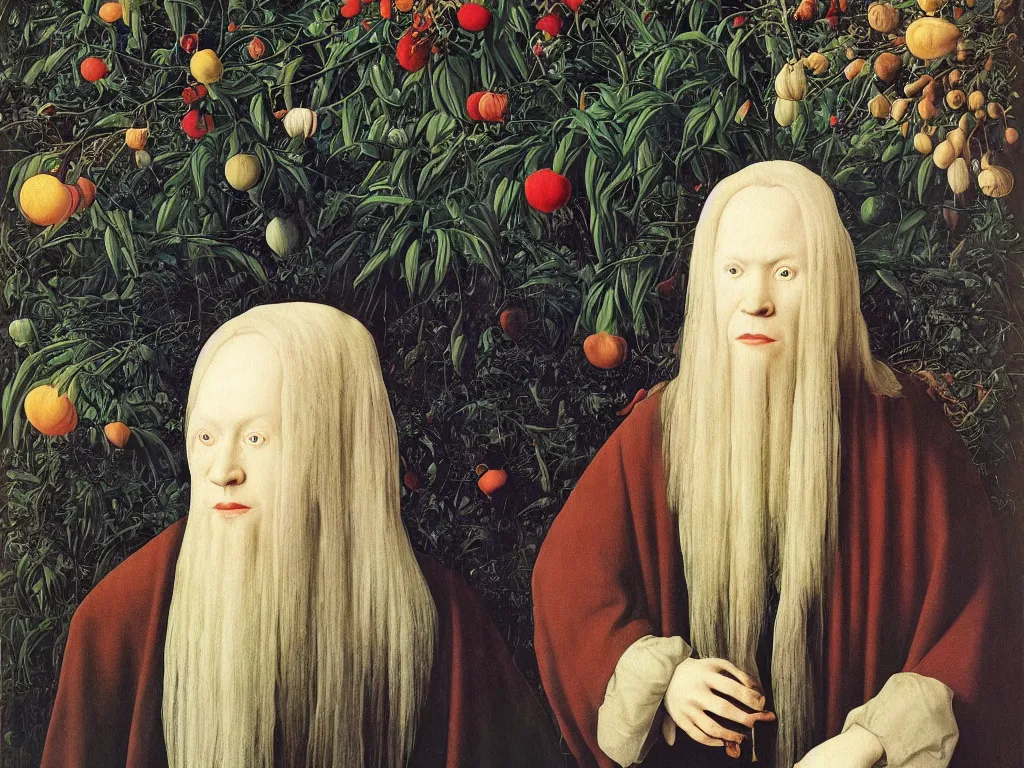 Image similar to Portrait of albino mystic with blue eyes, with beautiful exotic plant seed. Painting by Jan van Eyck, Audubon, Rene Magritte, Agnes Pelton, Max Ernst, Walton Ford