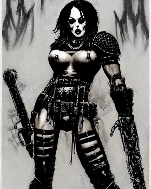 Image similar to portrait of kamala harris as a skinny punk goth soldier wearing armor by simon bisley, john blance, frank frazetta, fantasy, barbarian